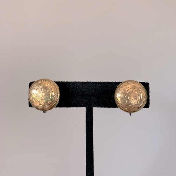 Vintage Etched Floral Gold Screw Back Earrings GF Gold Filled Mid Century Modern - Picture 5 of 7